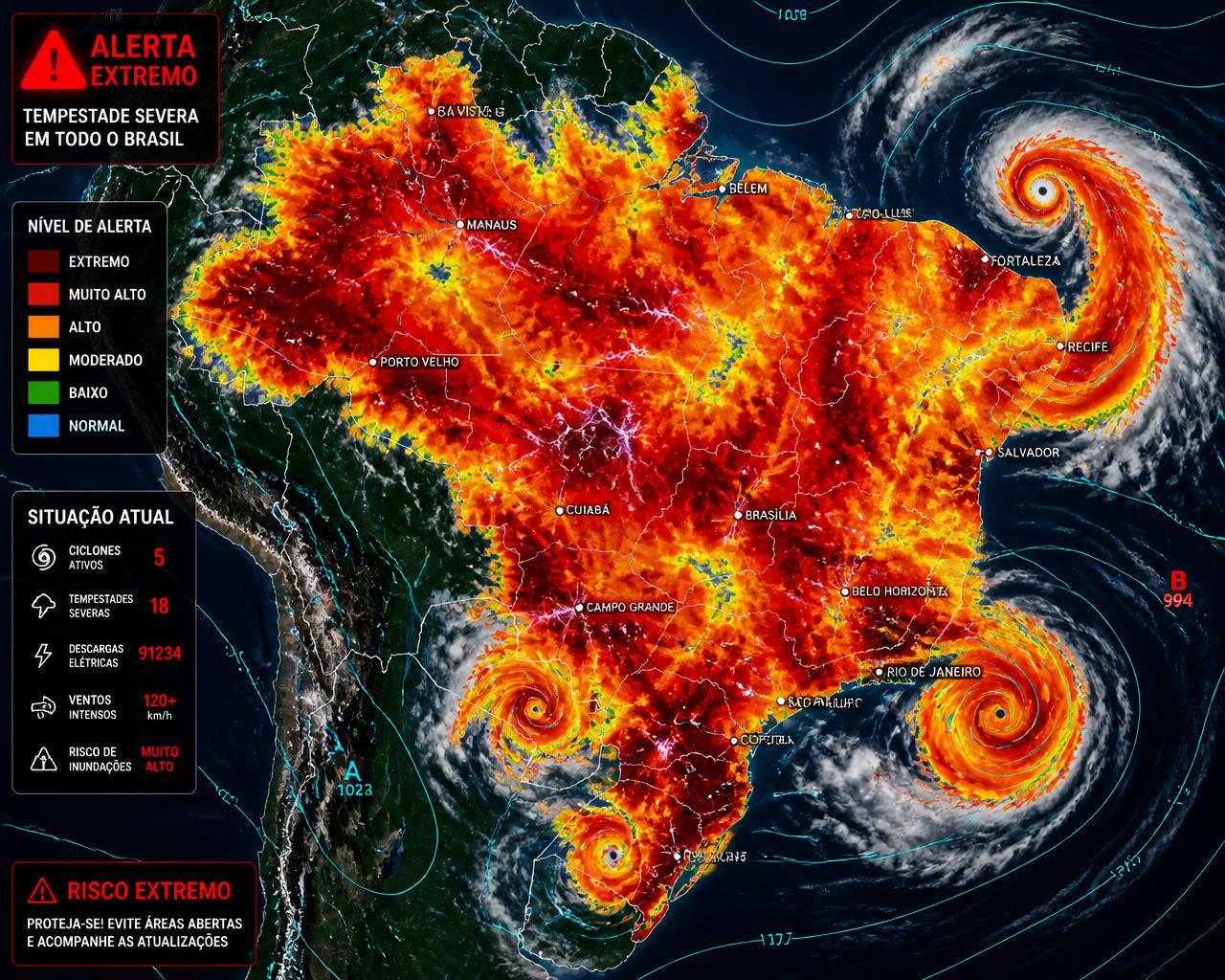 Radar meteorológico em alerta extremo com tempestades cobrindo quase todo o Brasil durante o El Niño